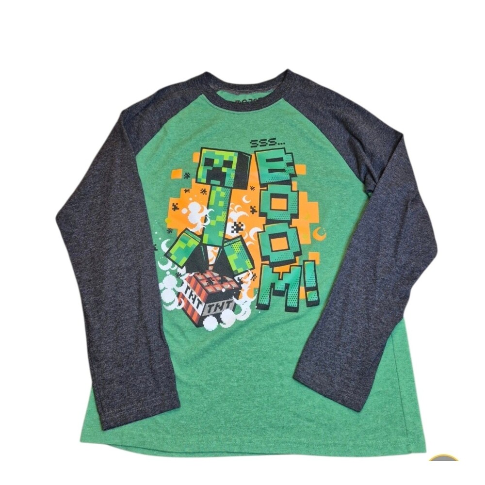 MINECRAFT Long Sleeve Tee Shirt Green & Gray Mojang Studios Size Large